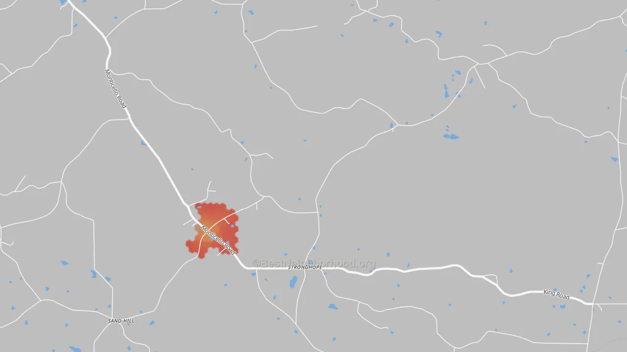 Walk Grade map of Stronghope, MS, walkable areas in green and car-dependent areas in red
