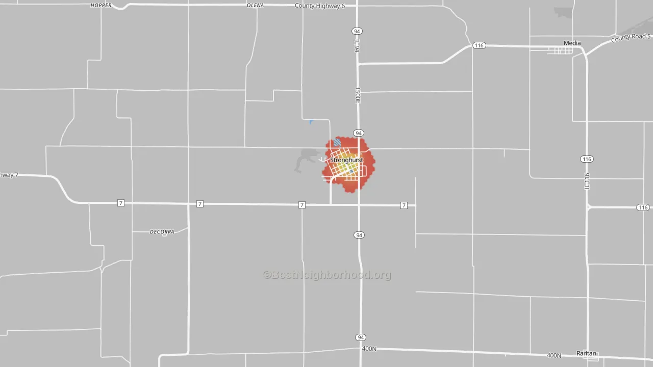 Walk Grade map of Stronghurst, IL, walkable areas in green and car-dependent areas in red