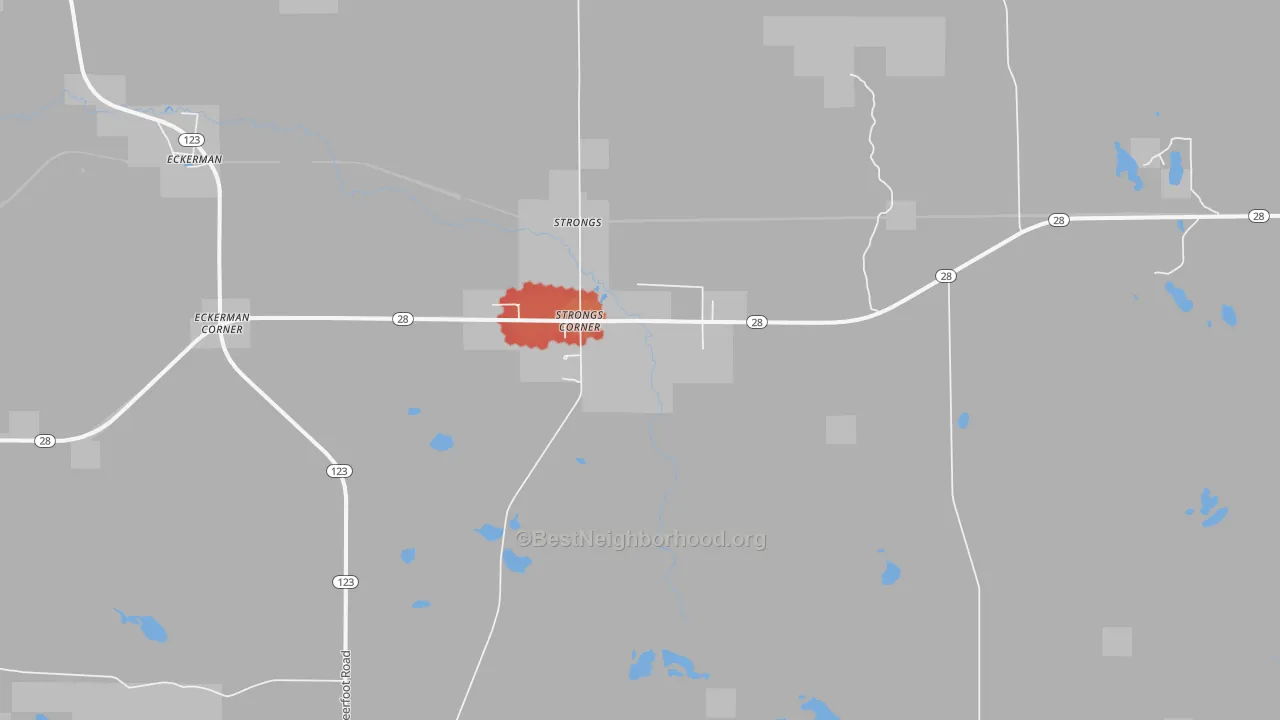 Walk Grade map of Strongs Corner, MI, walkable areas in green and car-dependent areas in red