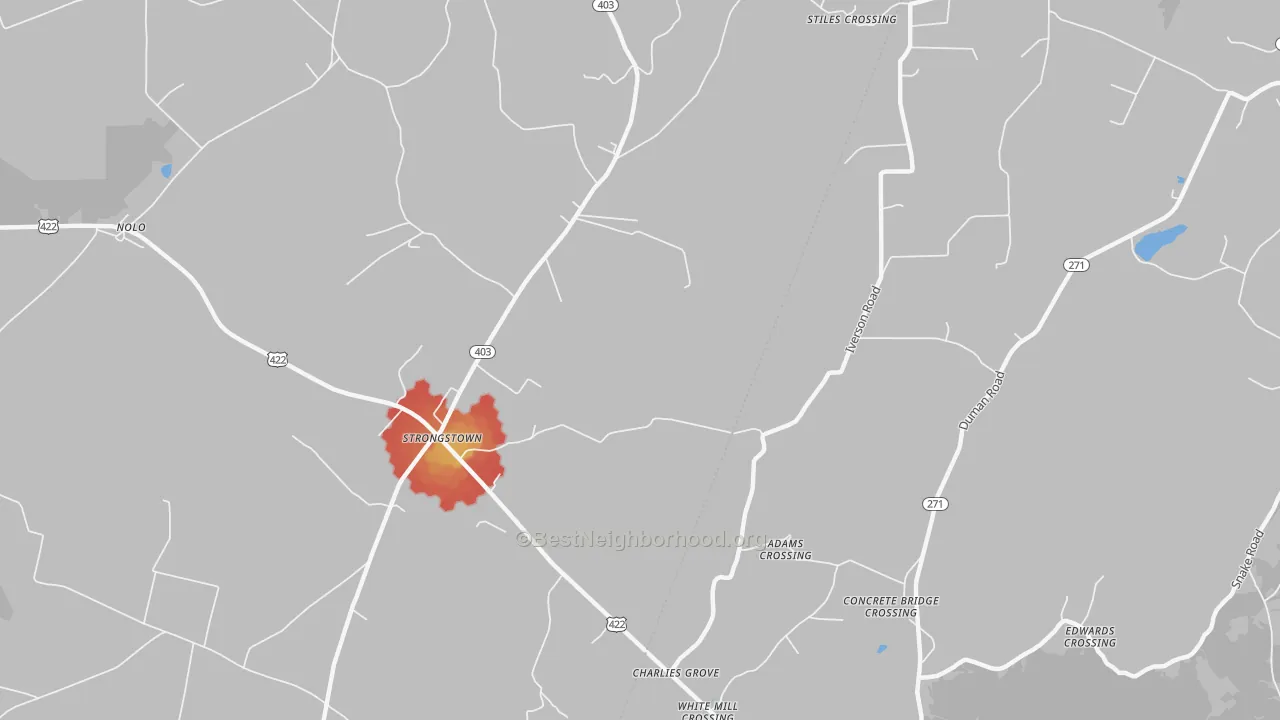 Walk Grade map of Strongstown, PA, walkable areas in green and car-dependent areas in red