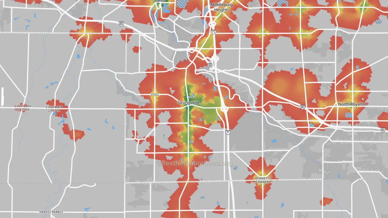 Walk Grade map of Strongsville, OH, walkable areas in green and car-dependent areas in red