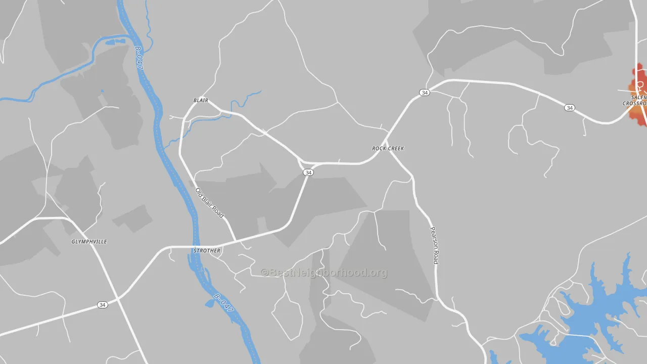 Walk Grade map of Strother, SC, walkable areas in green and car-dependent areas in red
