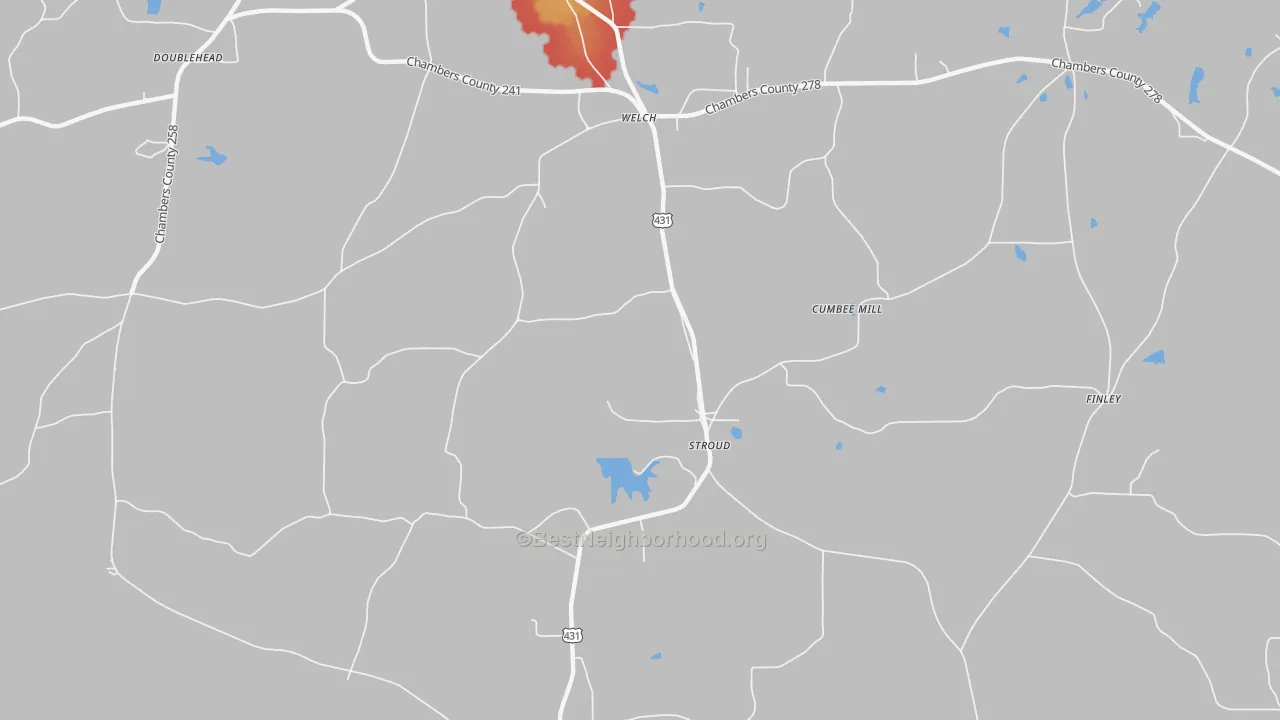Walk Grade map of Stroud, AL, walkable areas in green and car-dependent areas in red