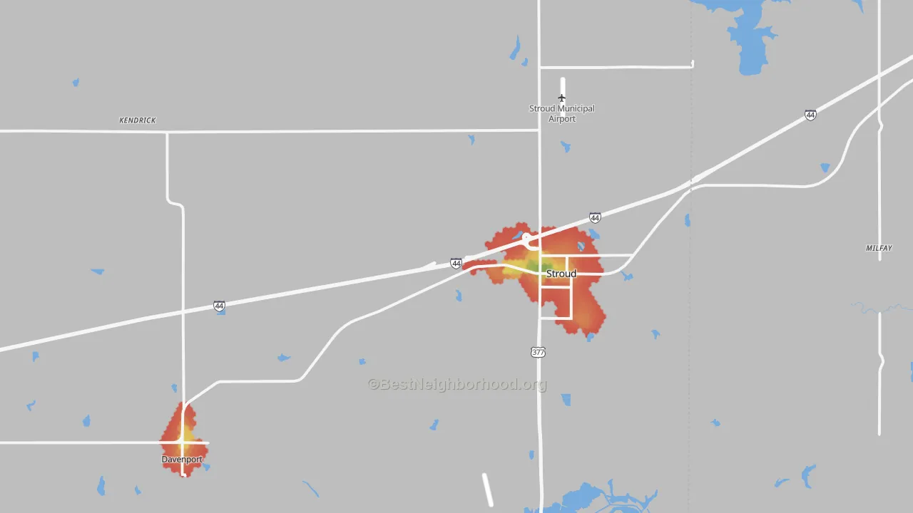 Walk Grade map of Stroud, OK, walkable areas in green and car-dependent areas in red