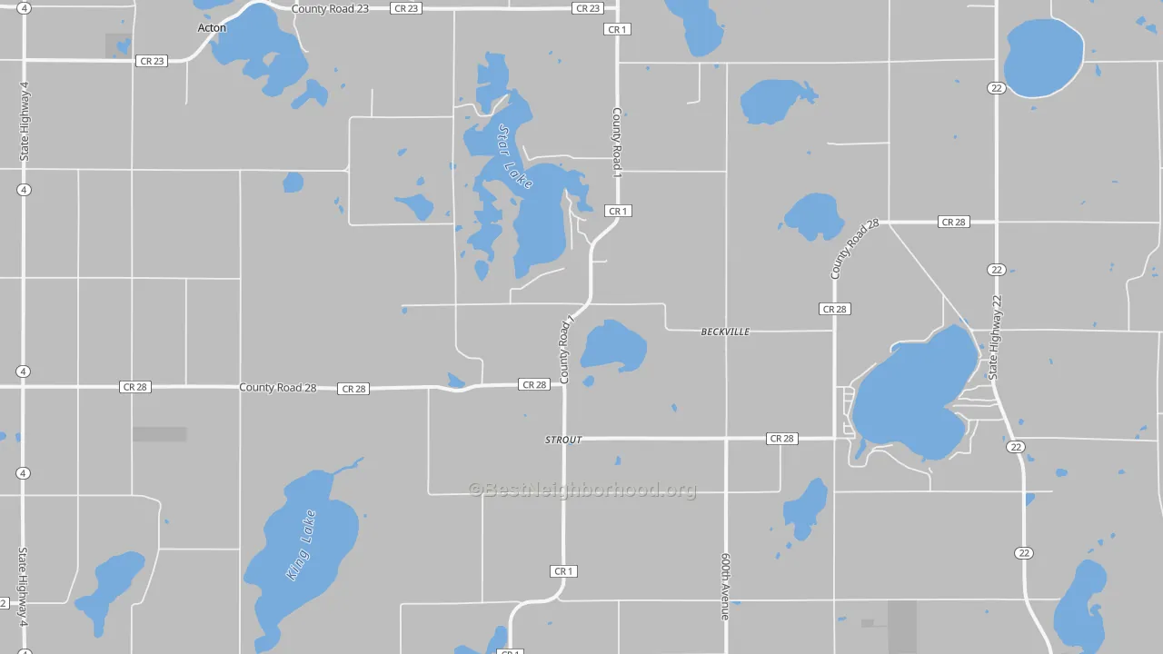 Walk Grade map of Strout, MN, walkable areas in green and car-dependent areas in red