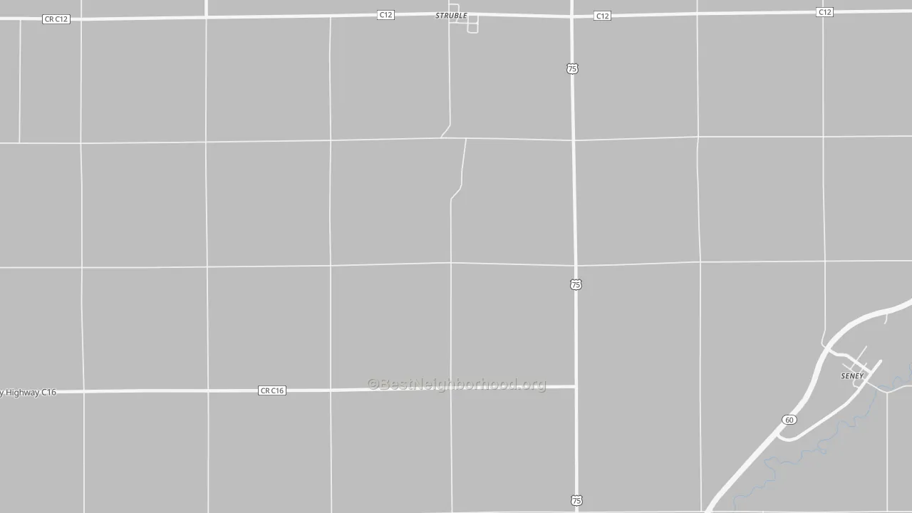 Walk Grade map of Struble, IA, walkable areas in green and car-dependent areas in red
