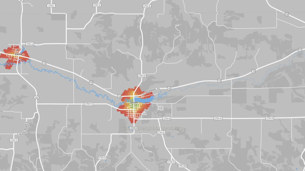 Walk Grade map of Strum, WI, walkable areas in green and car-dependent areas in red