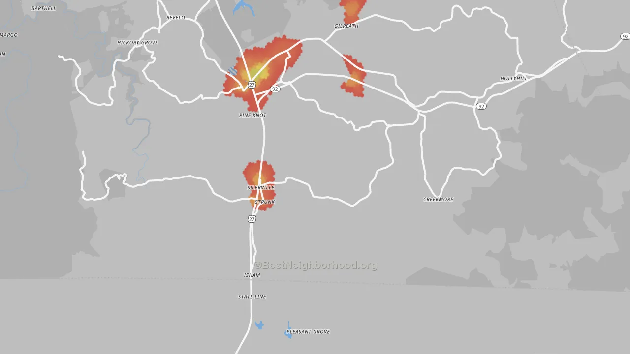 Walk Grade map of Strunk, KY, walkable areas in green and car-dependent areas in red