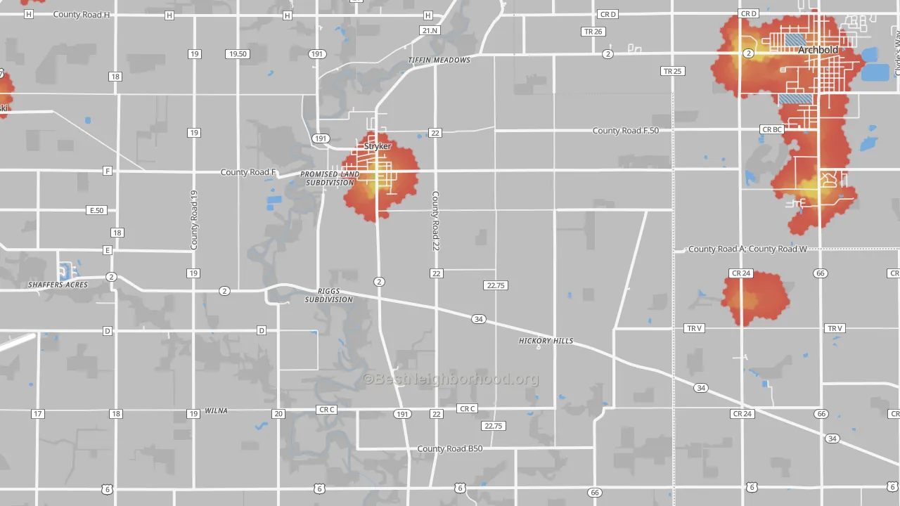 Walk Grade map of Stryker, OH, walkable areas in green and car-dependent areas in red