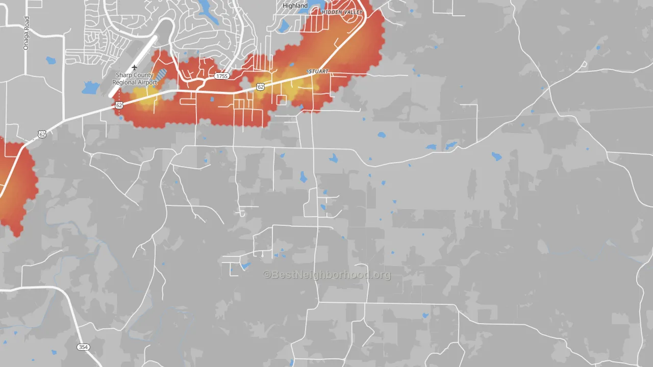Walk Grade map of Stuart, AR, walkable areas in green and car-dependent areas in red