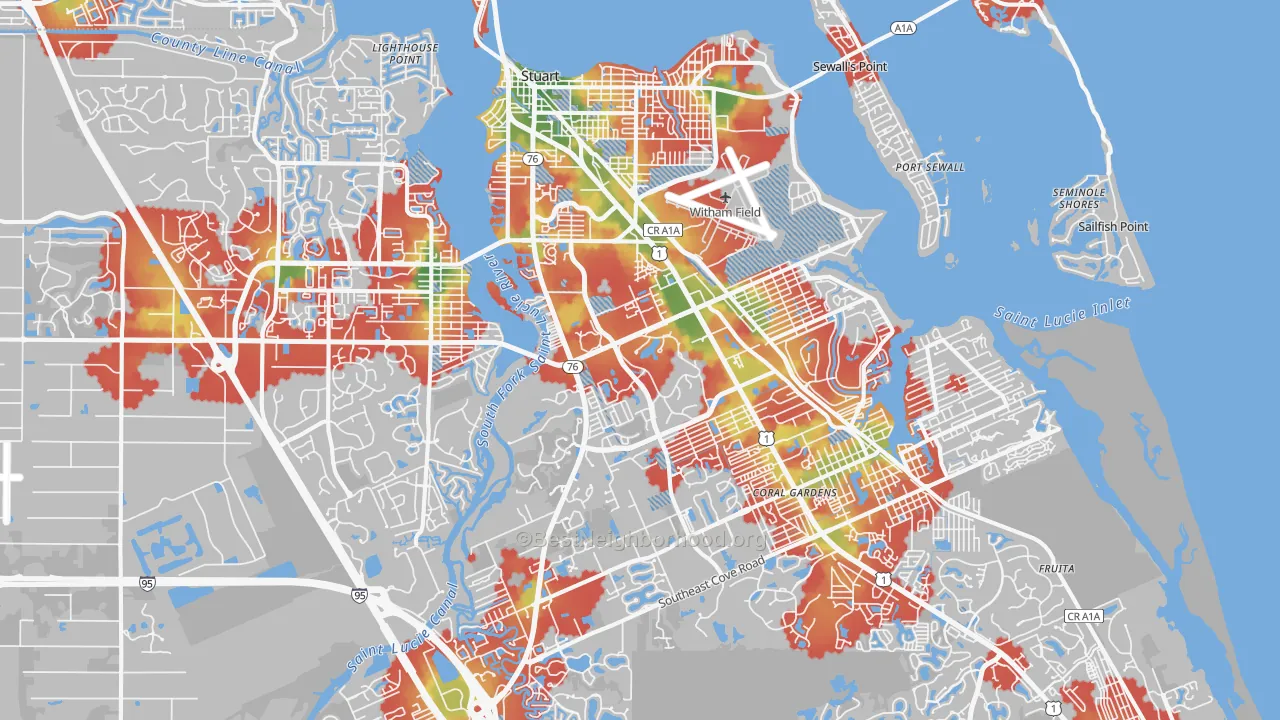 Walk Grade map of Stuart, FL, walkable areas in green and car-dependent areas in red