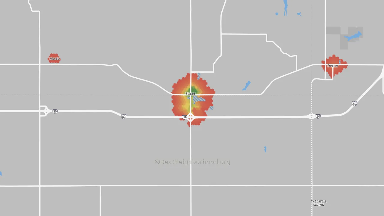 Walk Grade map of Stuart, IA, walkable areas in green and car-dependent areas in red