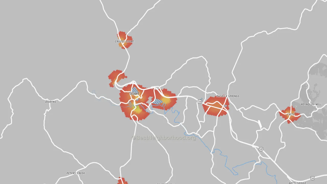 Walk Grade map of Stuart, VA, walkable areas in green and car-dependent areas in red
