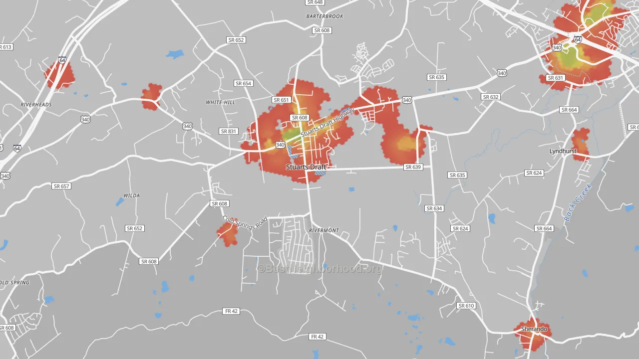 Walk Grade map of Stuarts Draft, VA, walkable areas in green and car-dependent areas in red