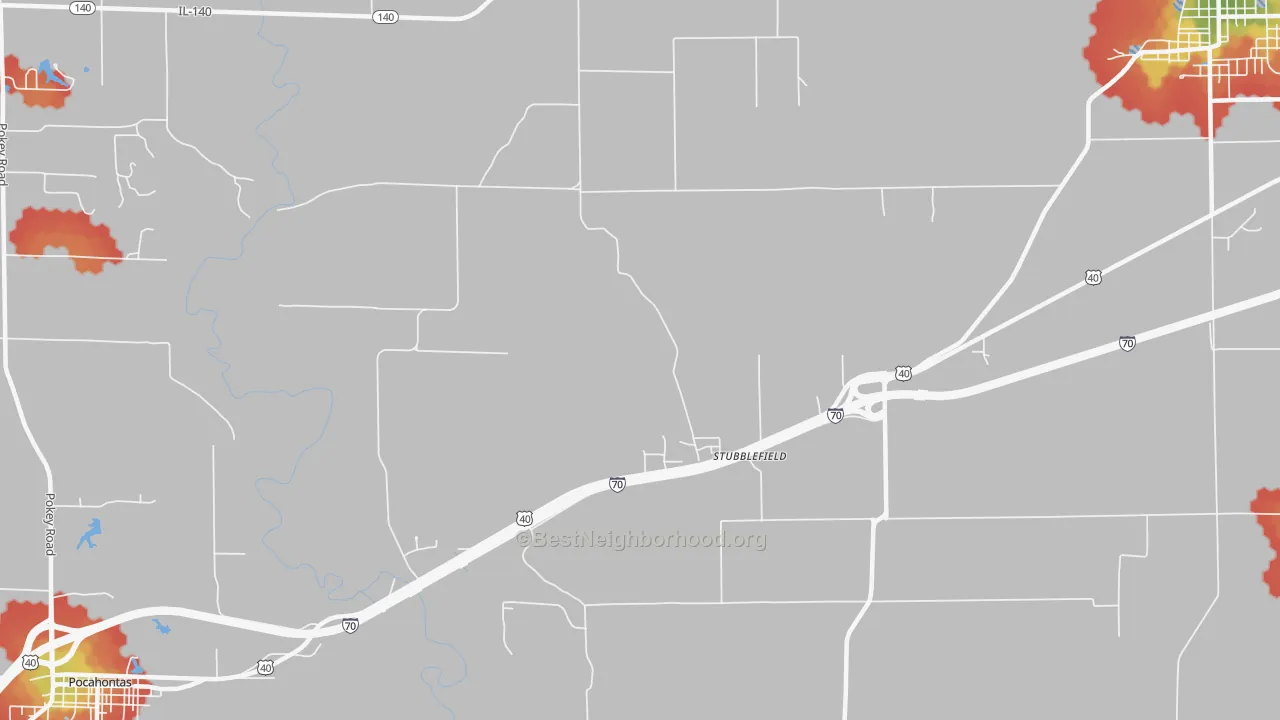 Walk Grade map of Stubblefield, IL, walkable areas in green and car-dependent areas in red