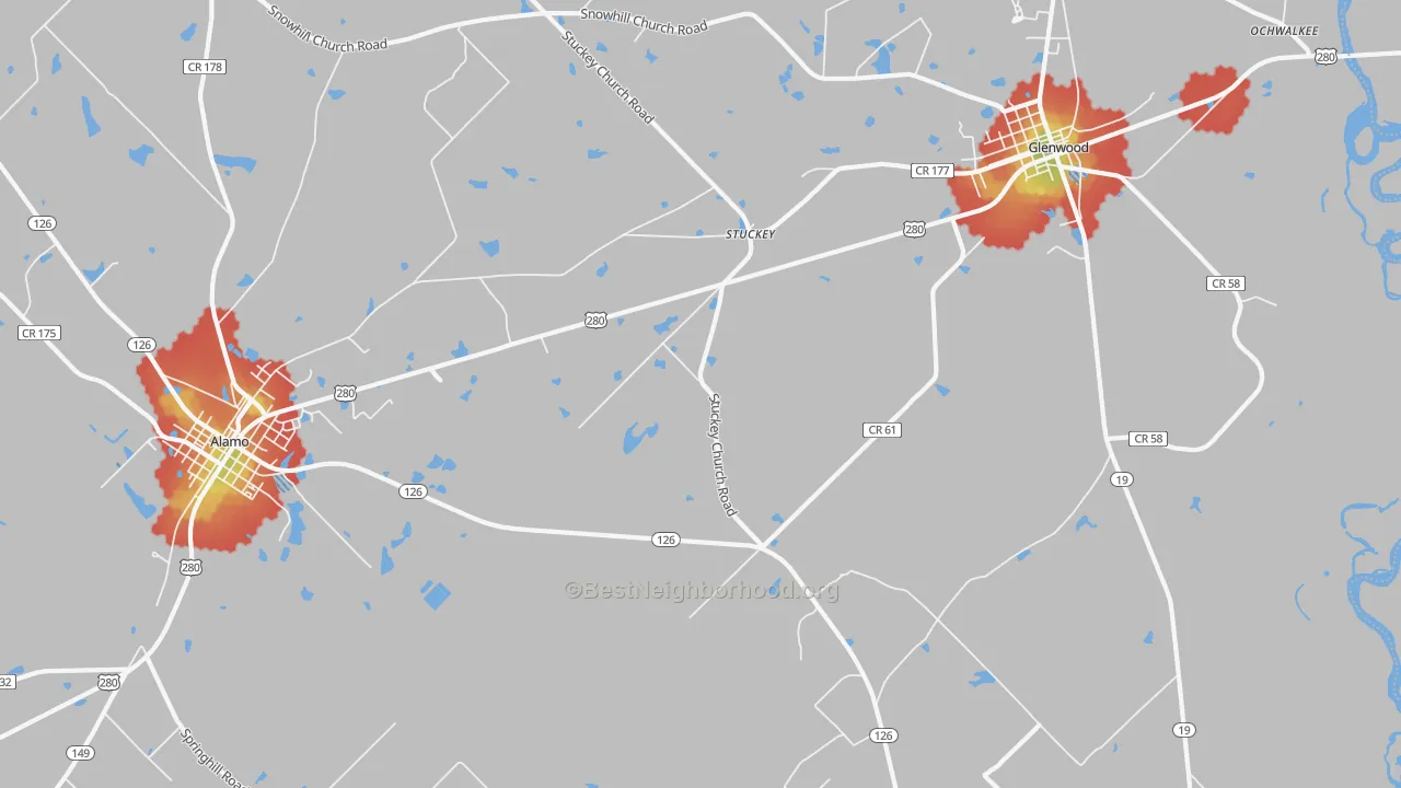 Walk Grade map of Stuckey, GA, walkable areas in green and car-dependent areas in red