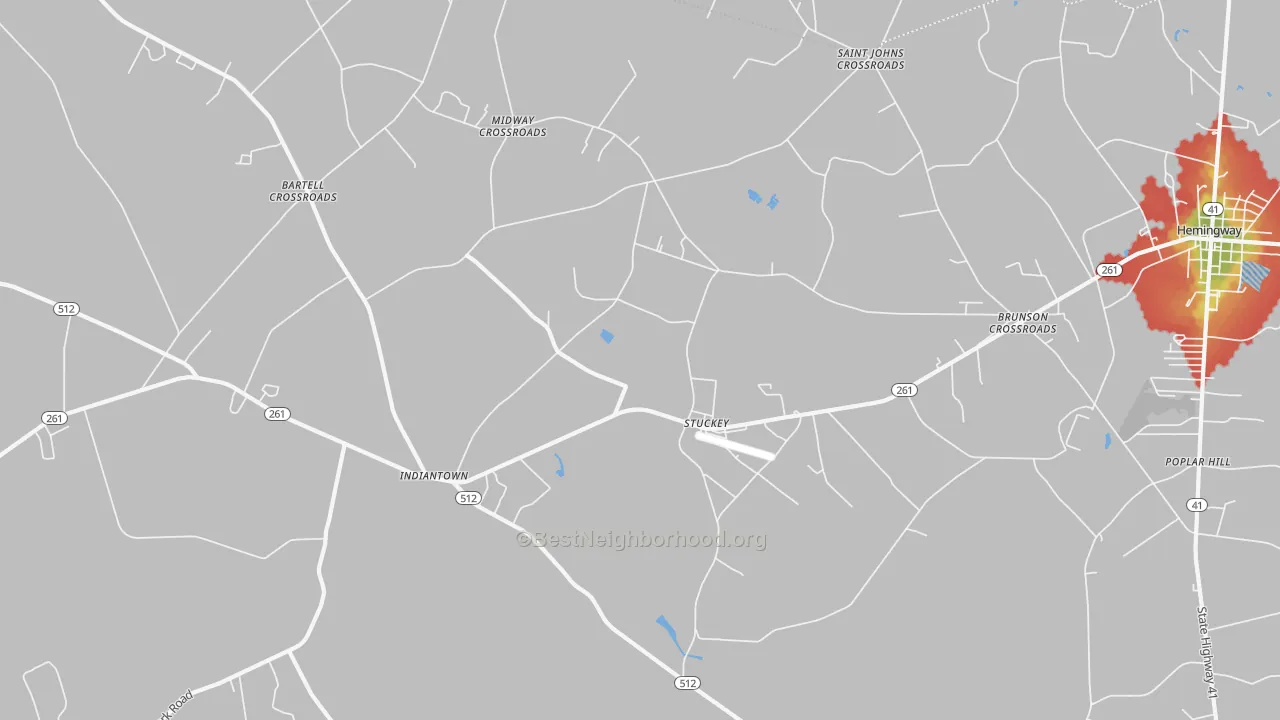 Walk Grade map of Stuckey, SC, walkable areas in green and car-dependent areas in red