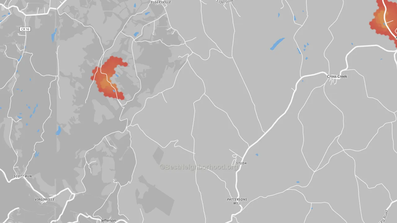 Walk Grade map of Studa, PA, walkable areas in green and car-dependent areas in red