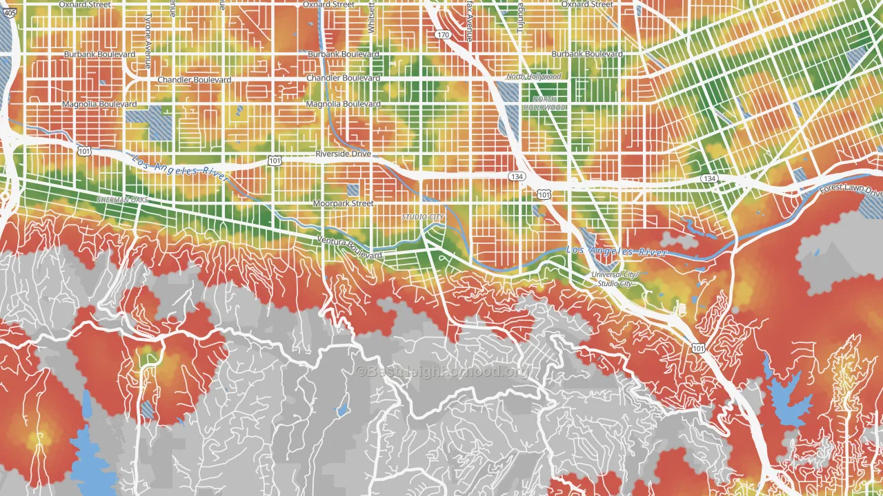 Walk Grade map of Studio City, CA, walkable areas in green and car-dependent areas in red