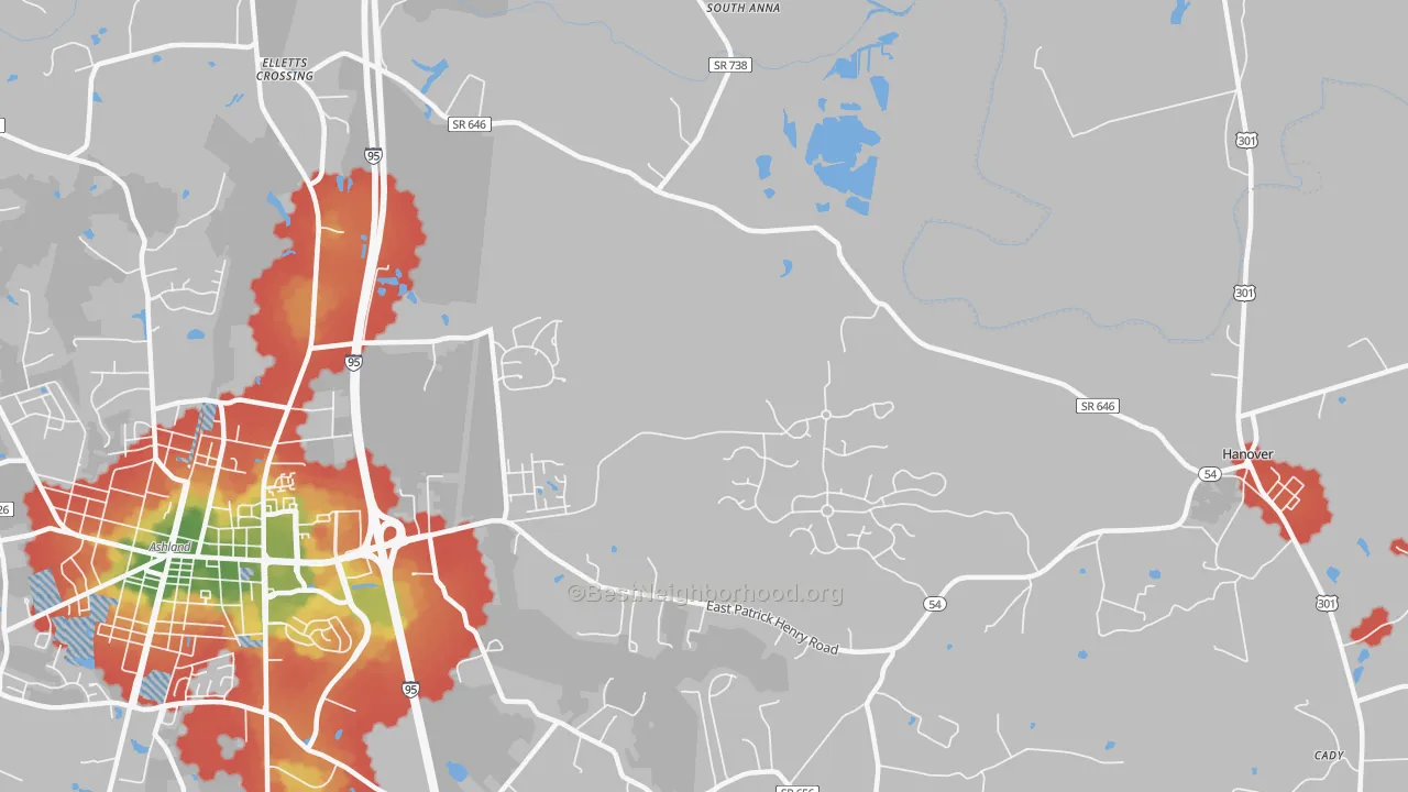 Walk Grade map of Studley, VA, walkable areas in green and car-dependent areas in red