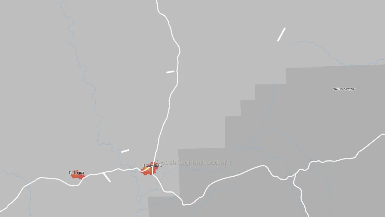 Walk Grade map of Study Butte, TX, walkable areas in green and car-dependent areas in red