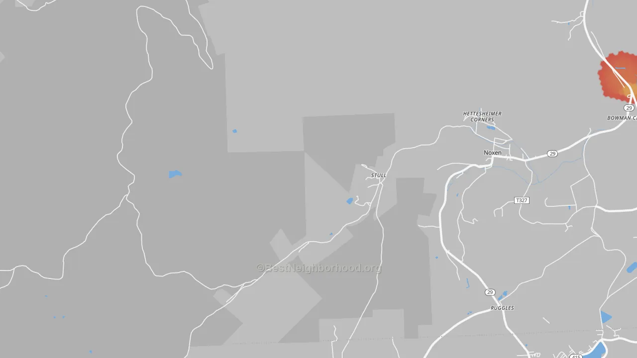 Walk Grade map of Stull, PA, walkable areas in green and car-dependent areas in red