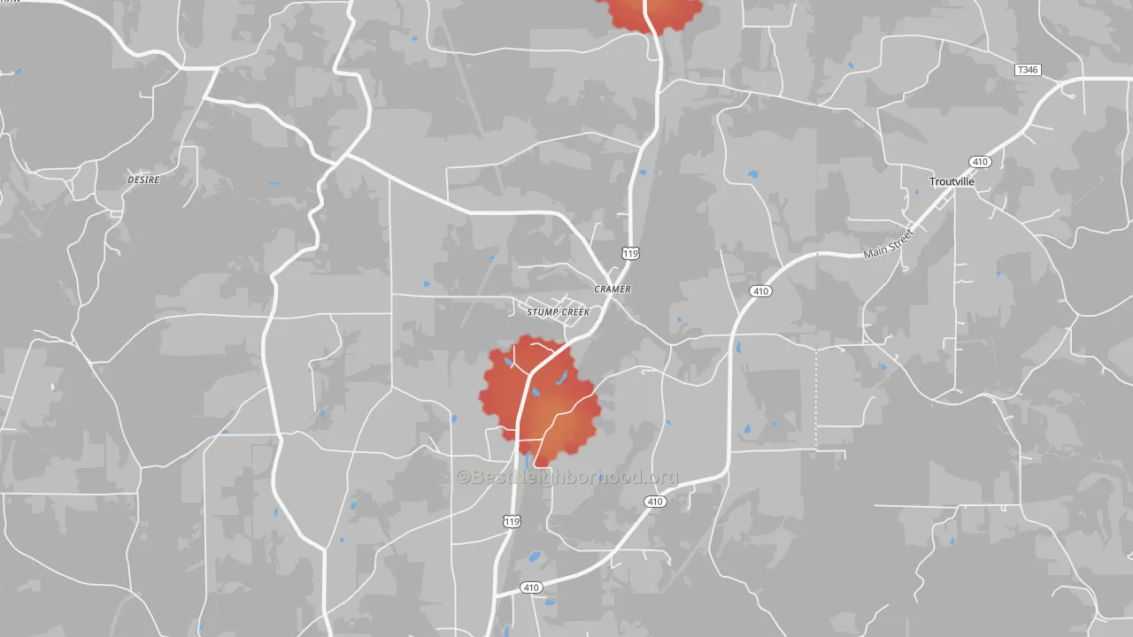 Walk Grade map of Stump Creek, PA, walkable areas in green and car-dependent areas in red