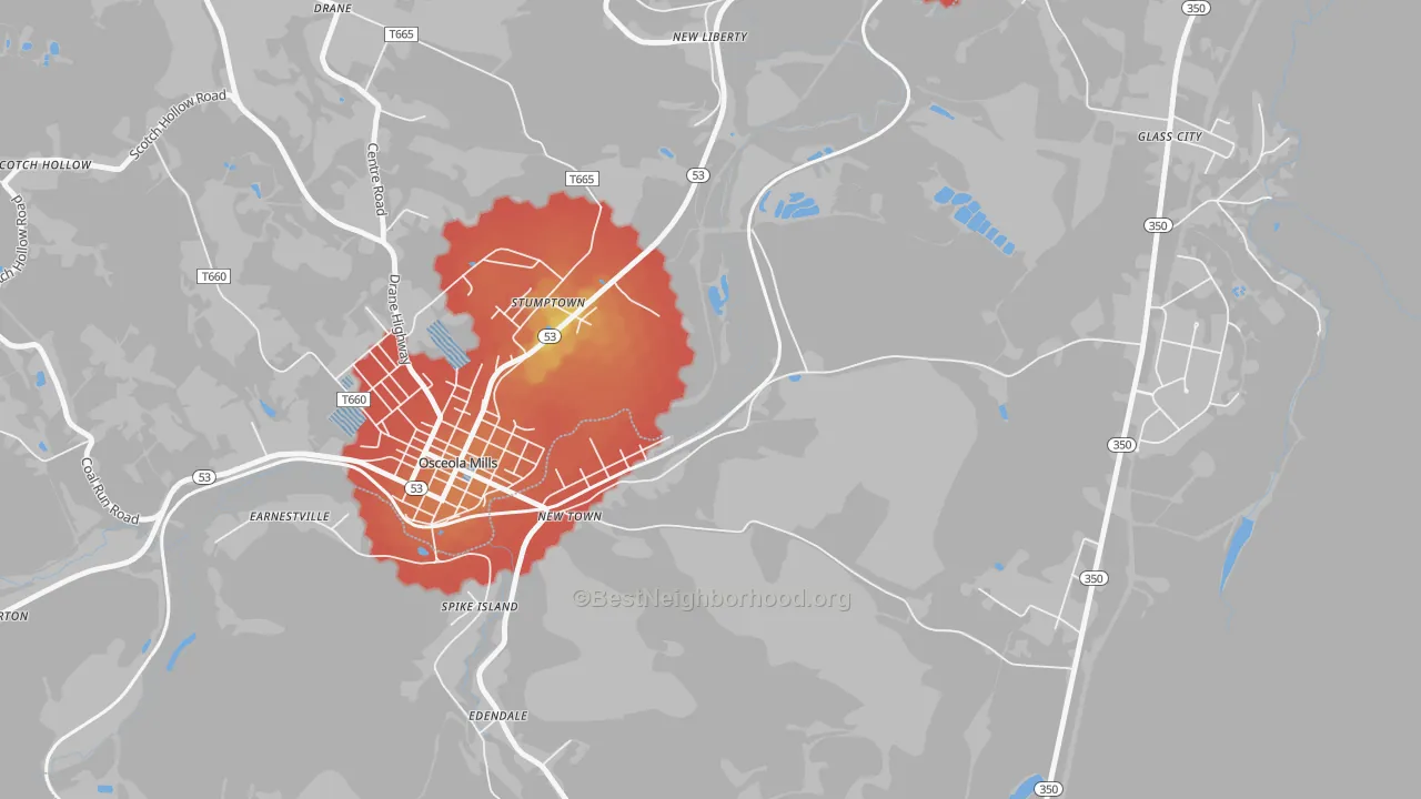 Walk Grade map of Stumptown, PA, walkable areas in green and car-dependent areas in red