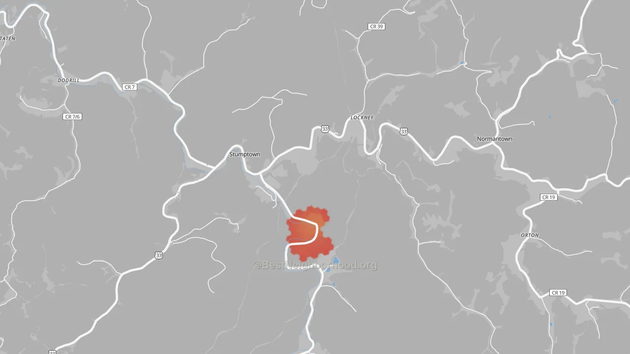 Walk Grade map of Stumptown, WV, walkable areas in green and car-dependent areas in red