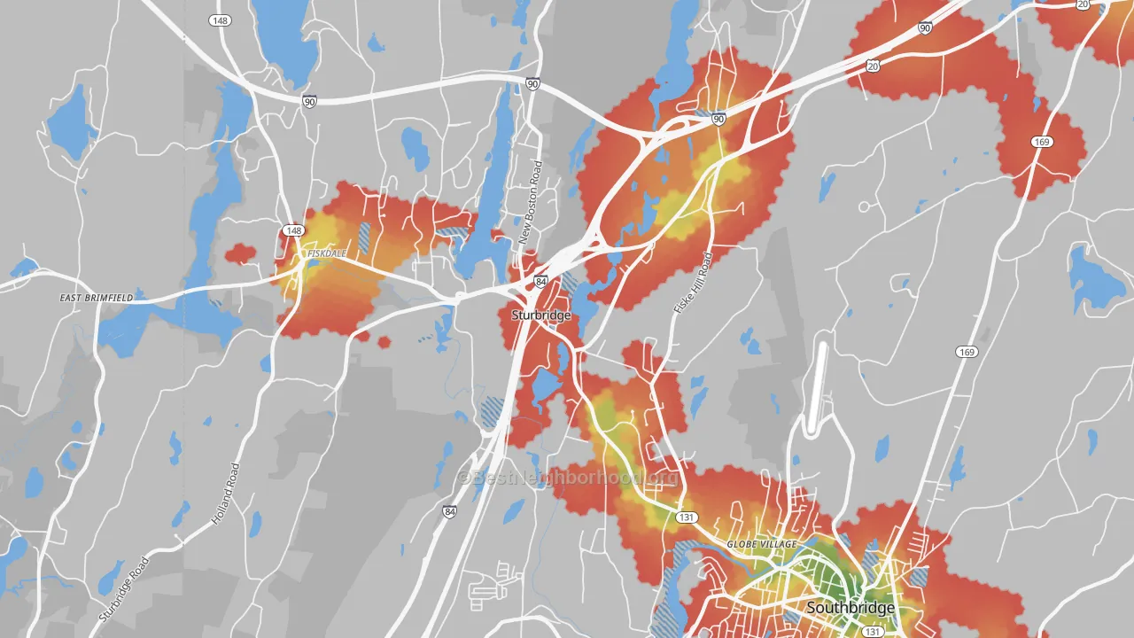 Walk Grade map of Sturbridge, MA, walkable areas in green and car-dependent areas in red
