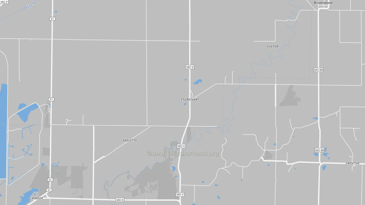 Walk Grade map of Sturdivant, MO, walkable areas in green and car-dependent areas in red