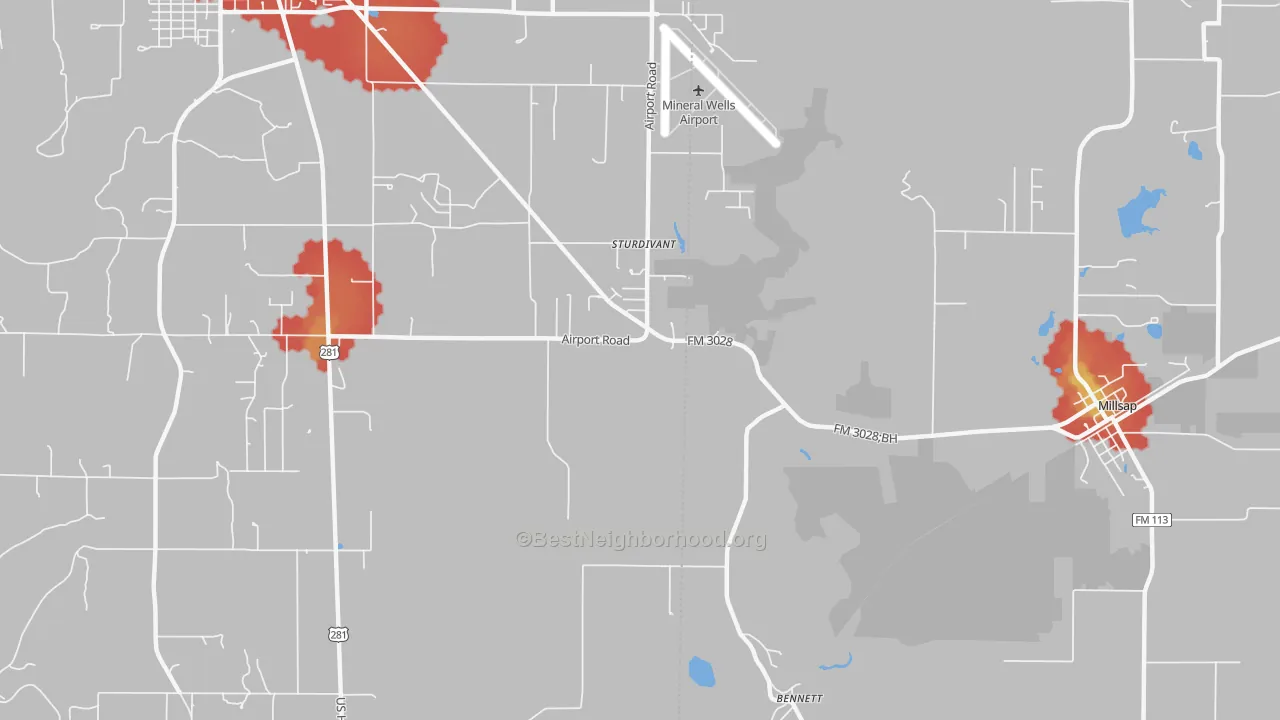 Walk Grade map of Sturdivant, TX, walkable areas in green and car-dependent areas in red