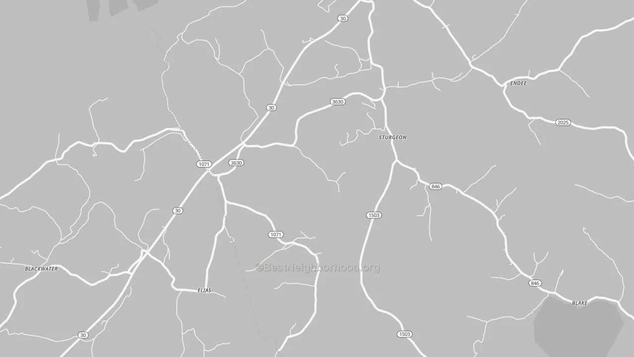 Walk Grade map of Sturgeon, KY, walkable areas in green and car-dependent areas in red
