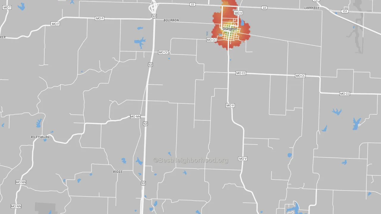 Walk Grade map of Sturgeon, MO, walkable areas in green and car-dependent areas in red