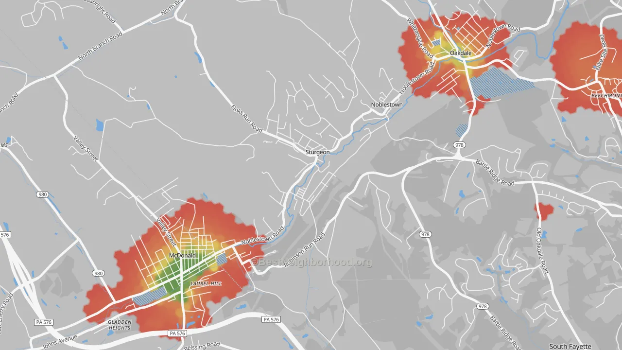 Walk Grade map of Sturgeon, PA, walkable areas in green and car-dependent areas in red