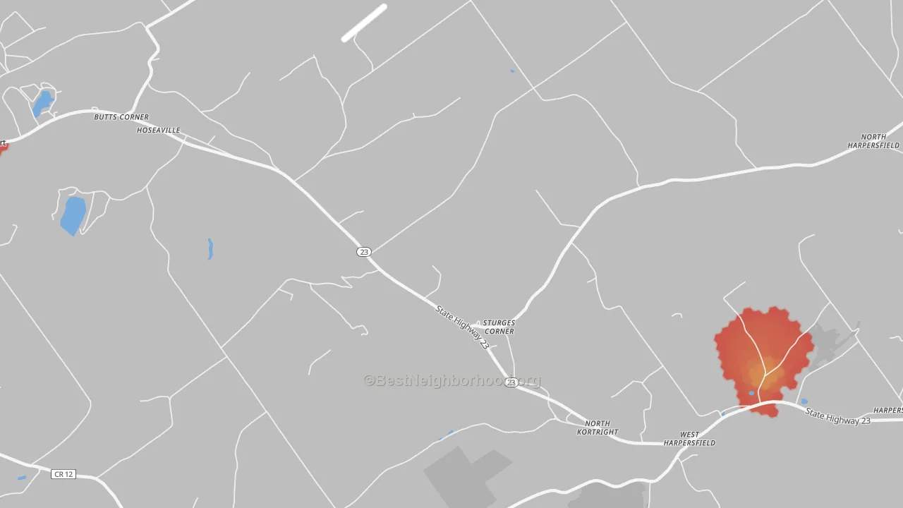 Walk Grade map of Sturges Corner, NY, walkable areas in green and car-dependent areas in red