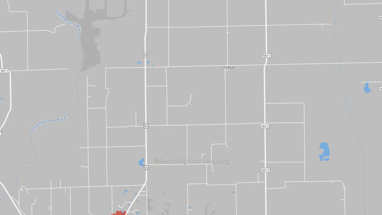 Walk Grade map of Sturges, MO, walkable areas in green and car-dependent areas in red