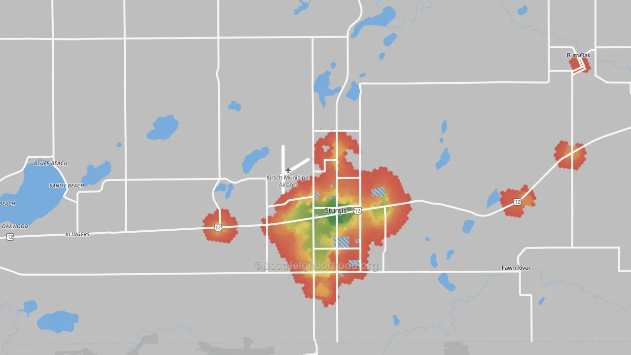 Walk Grade map of Sturgis, MI, walkable areas in green and car-dependent areas in red