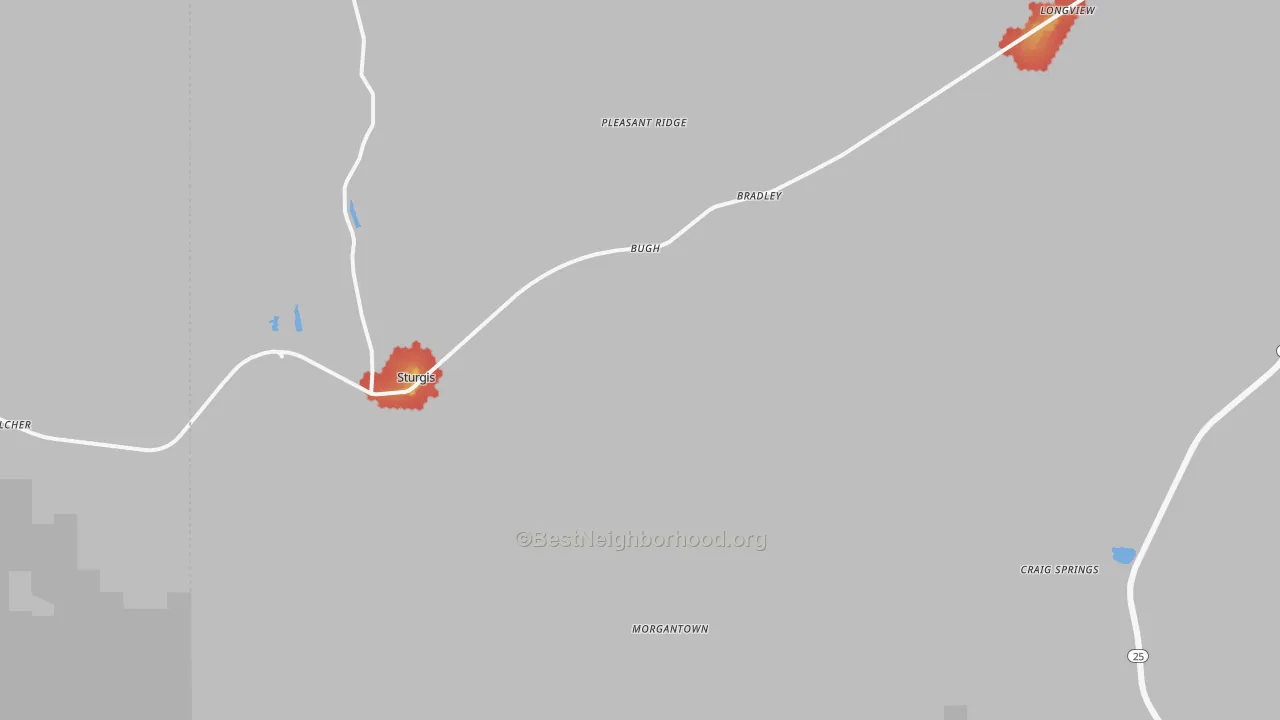 Walk Grade map of Sturgis, MS, walkable areas in green and car-dependent areas in red