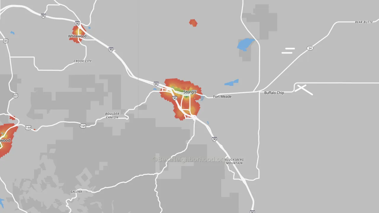 Walk Grade map of Sturgis, SD, walkable areas in green and car-dependent areas in red