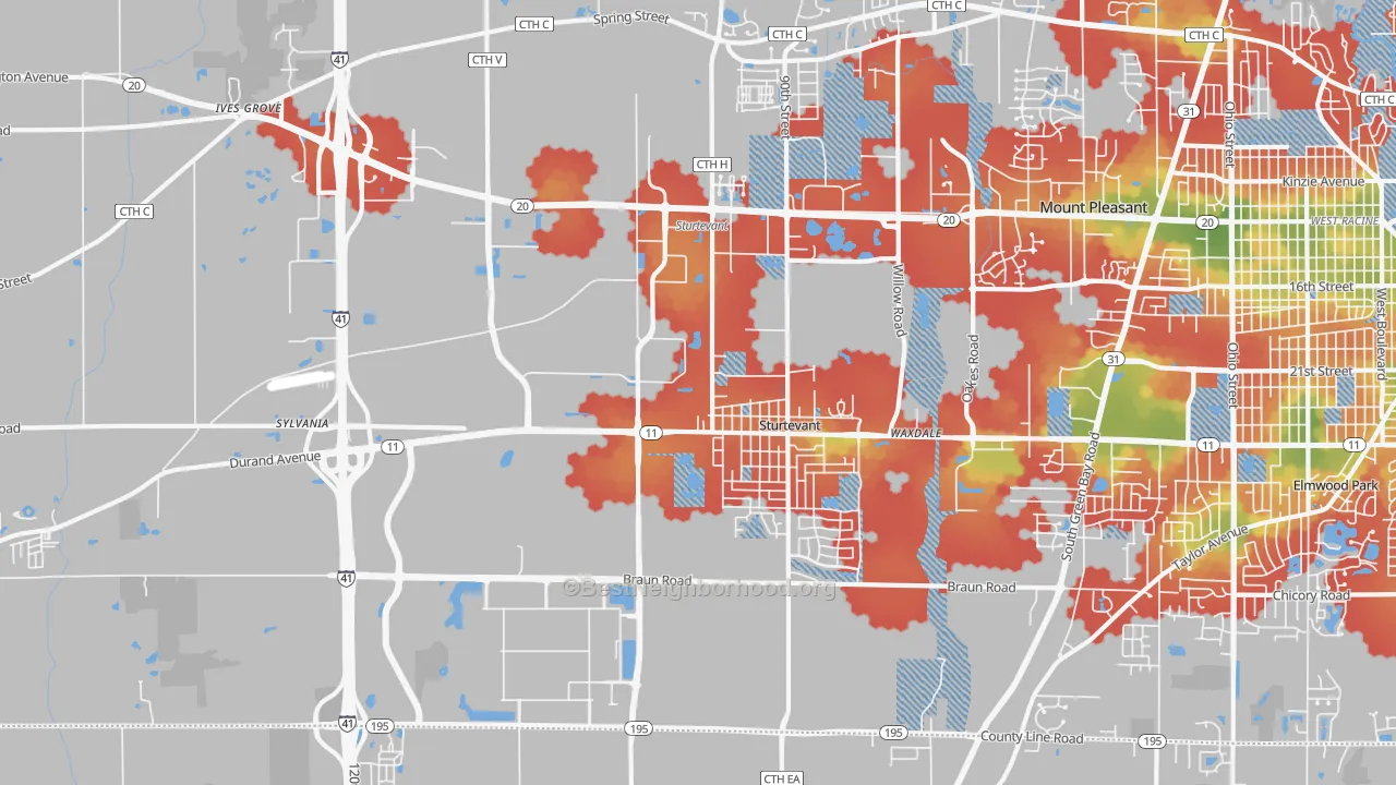 Walk Grade map of Sturtevant, WI, walkable areas in green and car-dependent areas in red