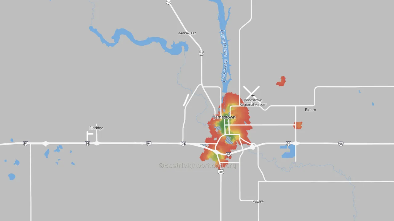 Walk Grade map of Stutsman County, ND, walkable areas in green and car-dependent areas in red