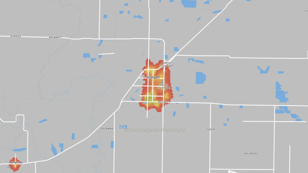 Walk Grade map of Stuttgart, AR, walkable areas in green and car-dependent areas in red