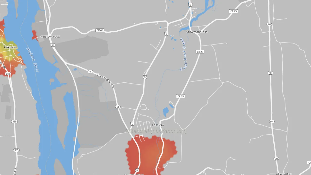 Walk Grade map of Stuyvesant Falls, NY, walkable areas in green and car-dependent areas in red
