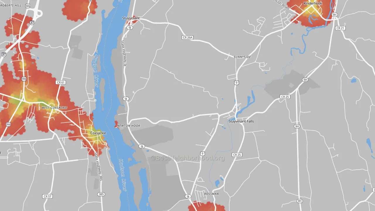 Walk Grade map of Stuyvesant, NY, walkable areas in green and car-dependent areas in red