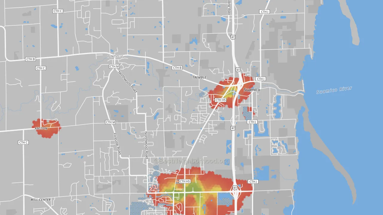 Walk Grade map of Suamico, WI, walkable areas in green and car-dependent areas in red