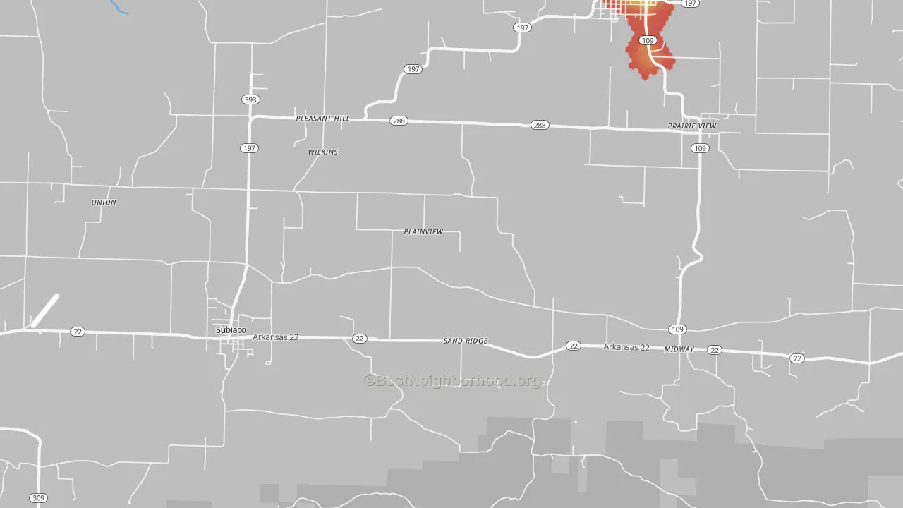 Walk Grade map of Subiaco, AR, walkable areas in green and car-dependent areas in red