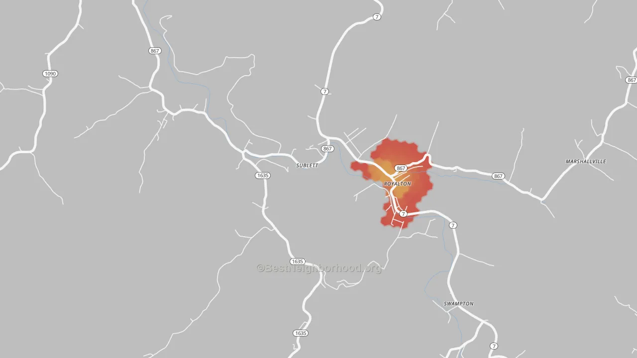 Walk Grade map of Sublett, KY, walkable areas in green and car-dependent areas in red