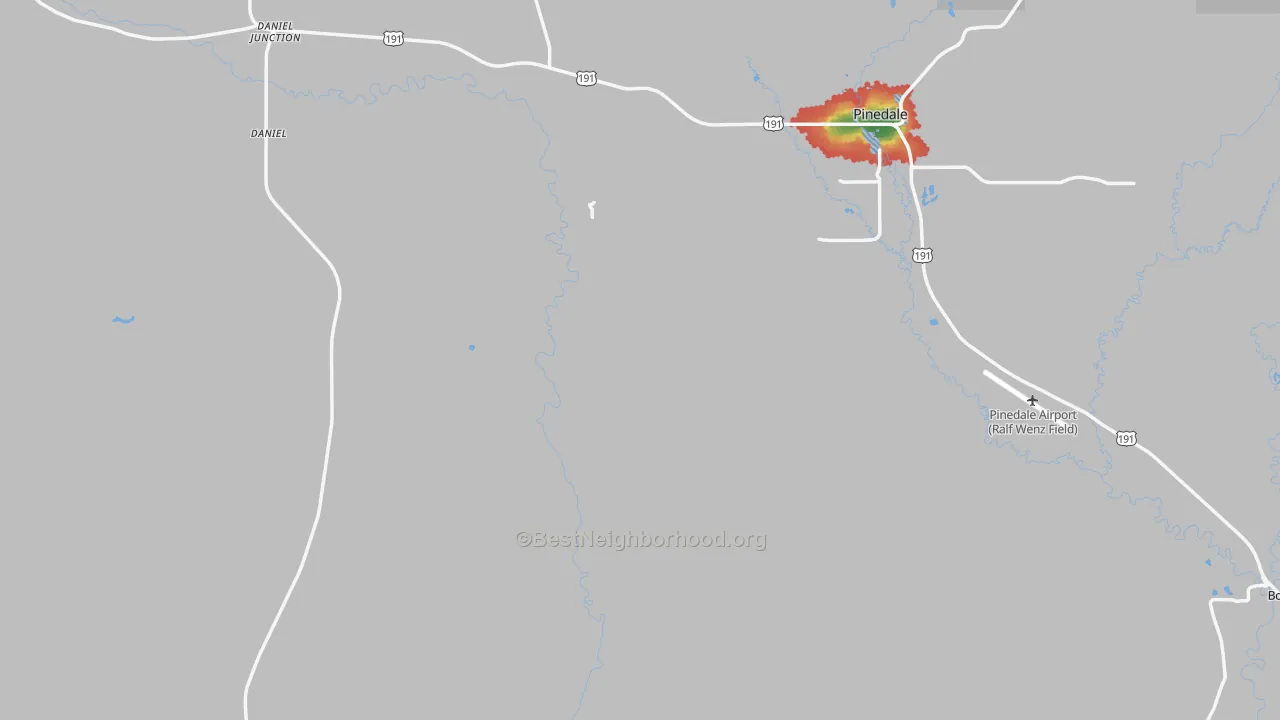 Walk Grade map of Sublette County, WY, walkable areas in green and car-dependent areas in red