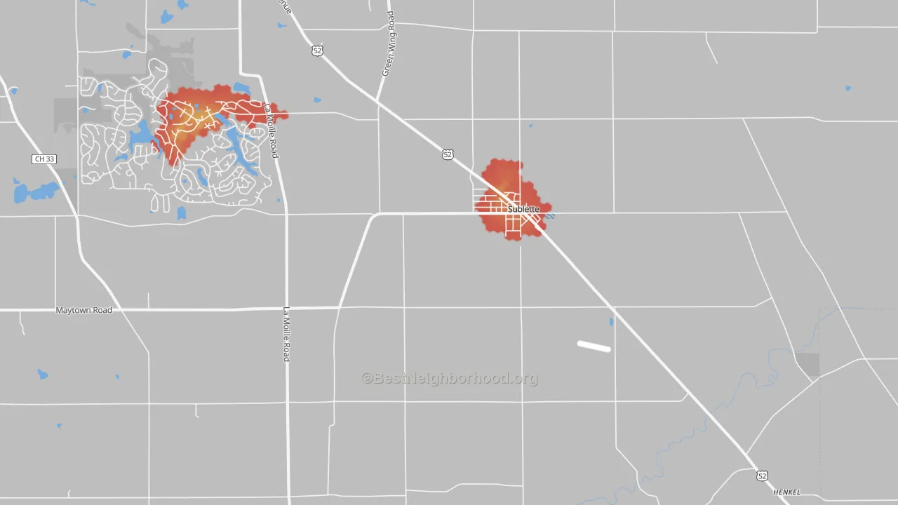 Walk Grade map of Sublette, IL, walkable areas in green and car-dependent areas in red
